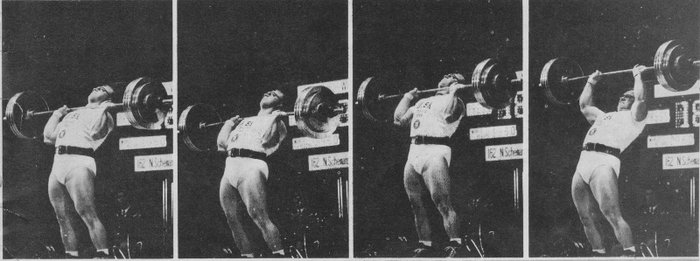 How it was done: Norb lays back, stands partially erect in photo three, before laying back a second time as shown in photo four. He eventually pressed 420 using this style.